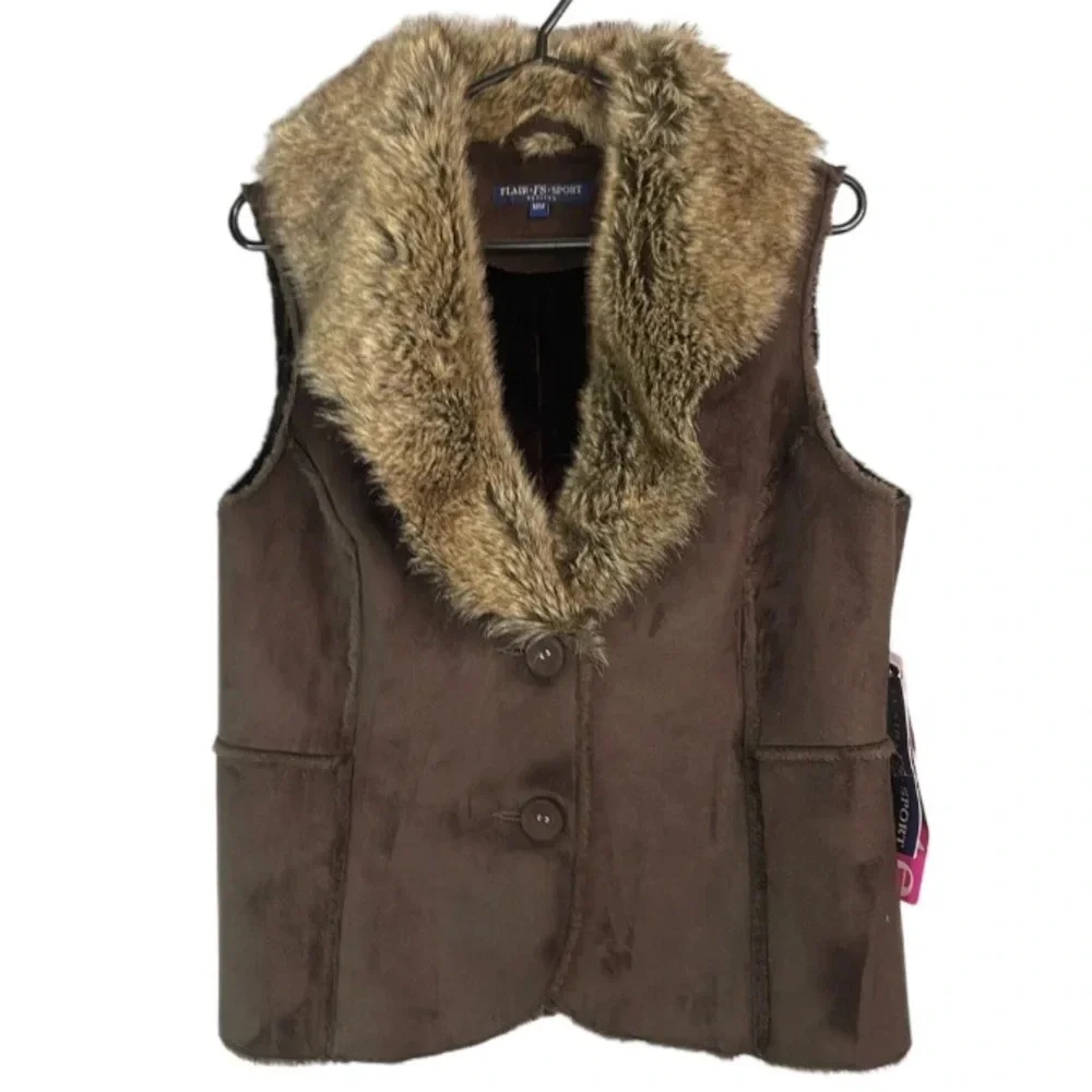FLAIR SPORT NWT Fun Fur Shawl Collar Vest Brown Faux Suede Button Front MP - Picture 2 of 11